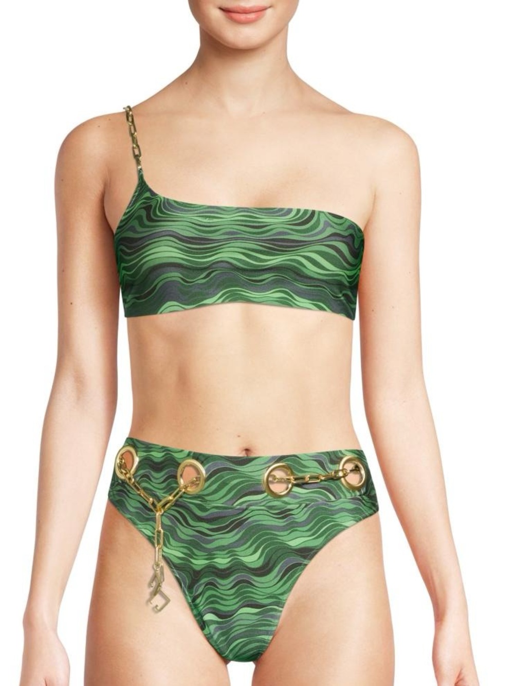 Cult Gaia Jianna bikini top one shoulder saltation basil green swirls print